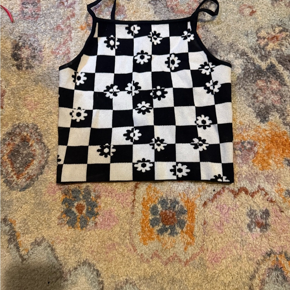 Urban Outfitters Black & White Checkerboard Daisy Knit Tank